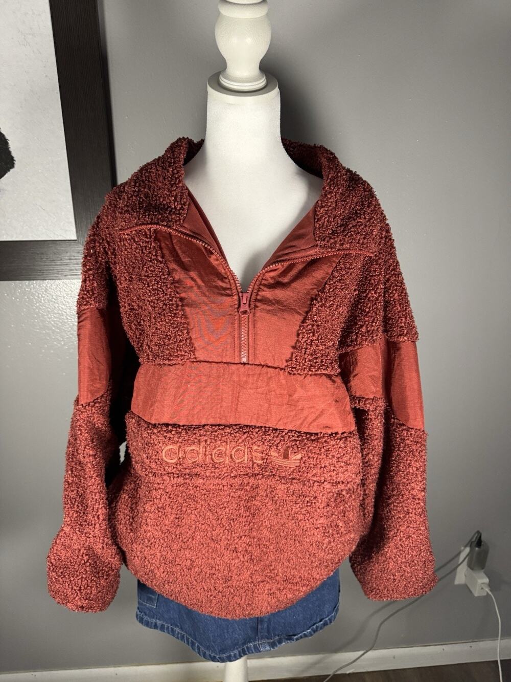 Adidas Originals Sherpa Fleece Red Plush Anorak Pullover 1/4 Zip Jacket Womens S